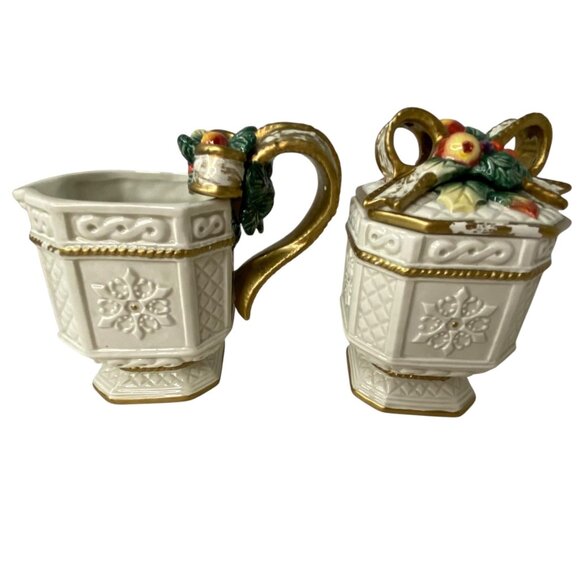 Fitz & Floyd Snowy Woods Vtg Ceramic Creamer & Sugar Set Gold Holiday Christmas - Picture 1 of 9